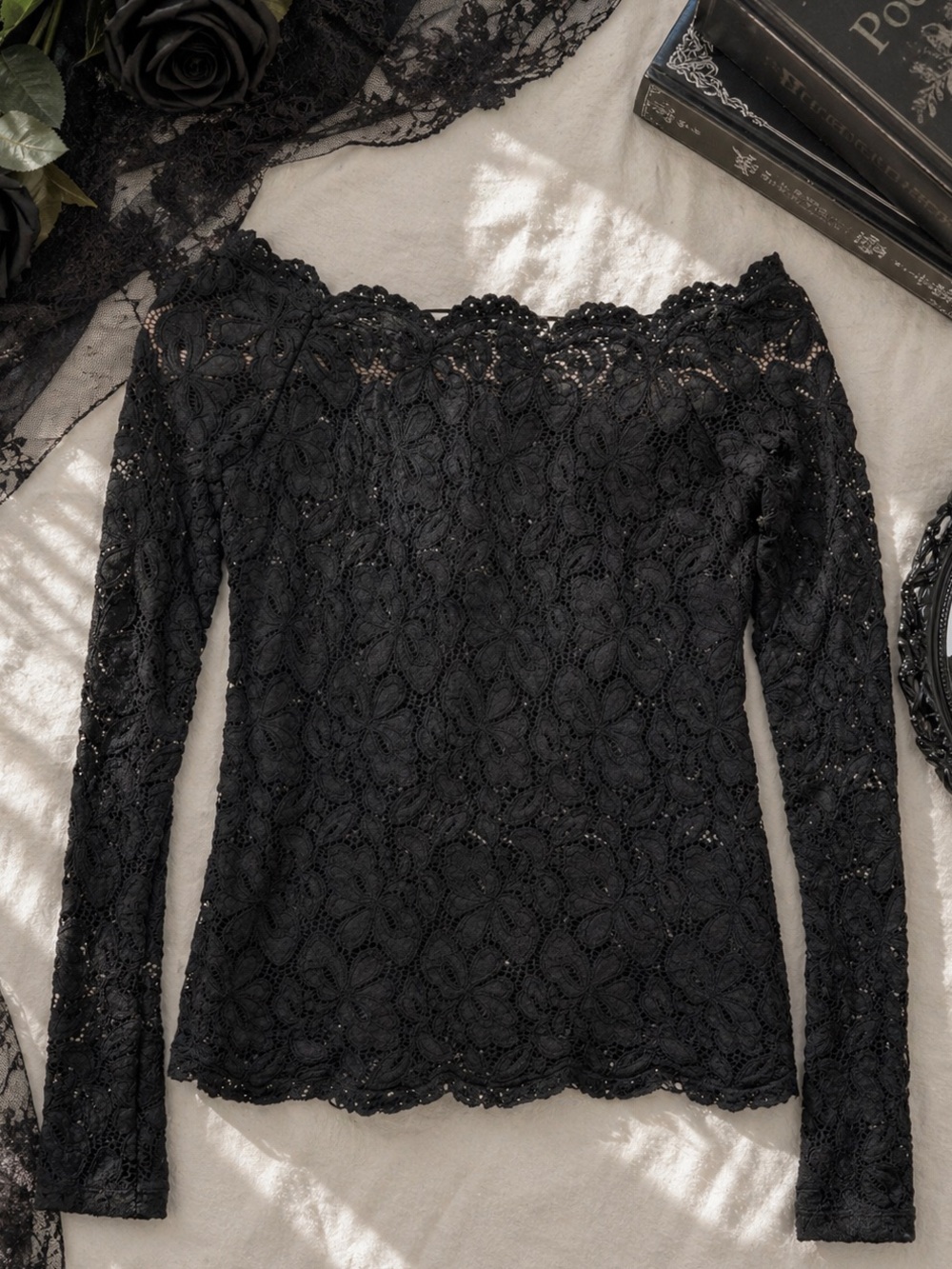Black Lace Long Sleeve Top Goth Romantic Sheer Floral Women Small